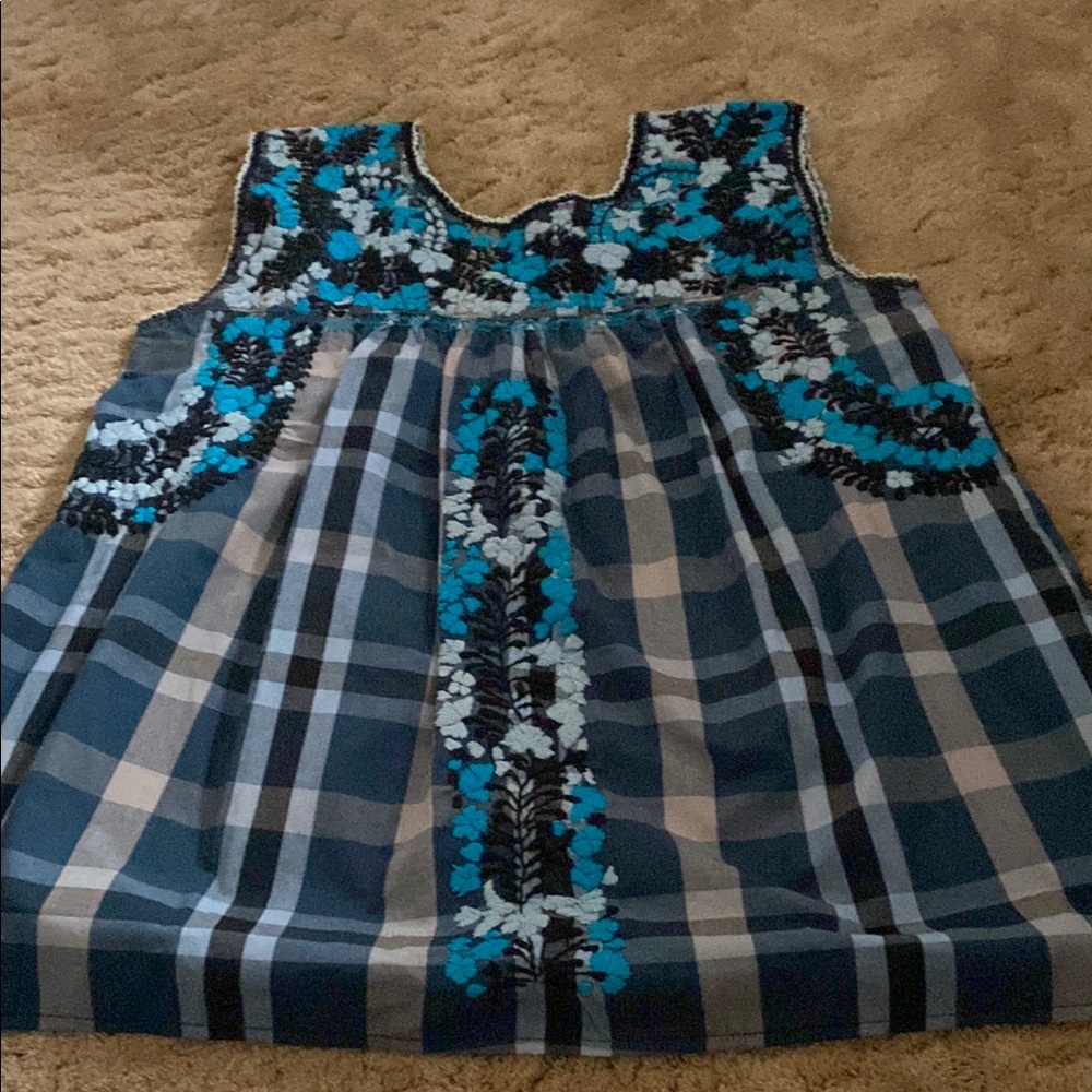 Blue Plaid Sleeveless top with Floral Embroidery